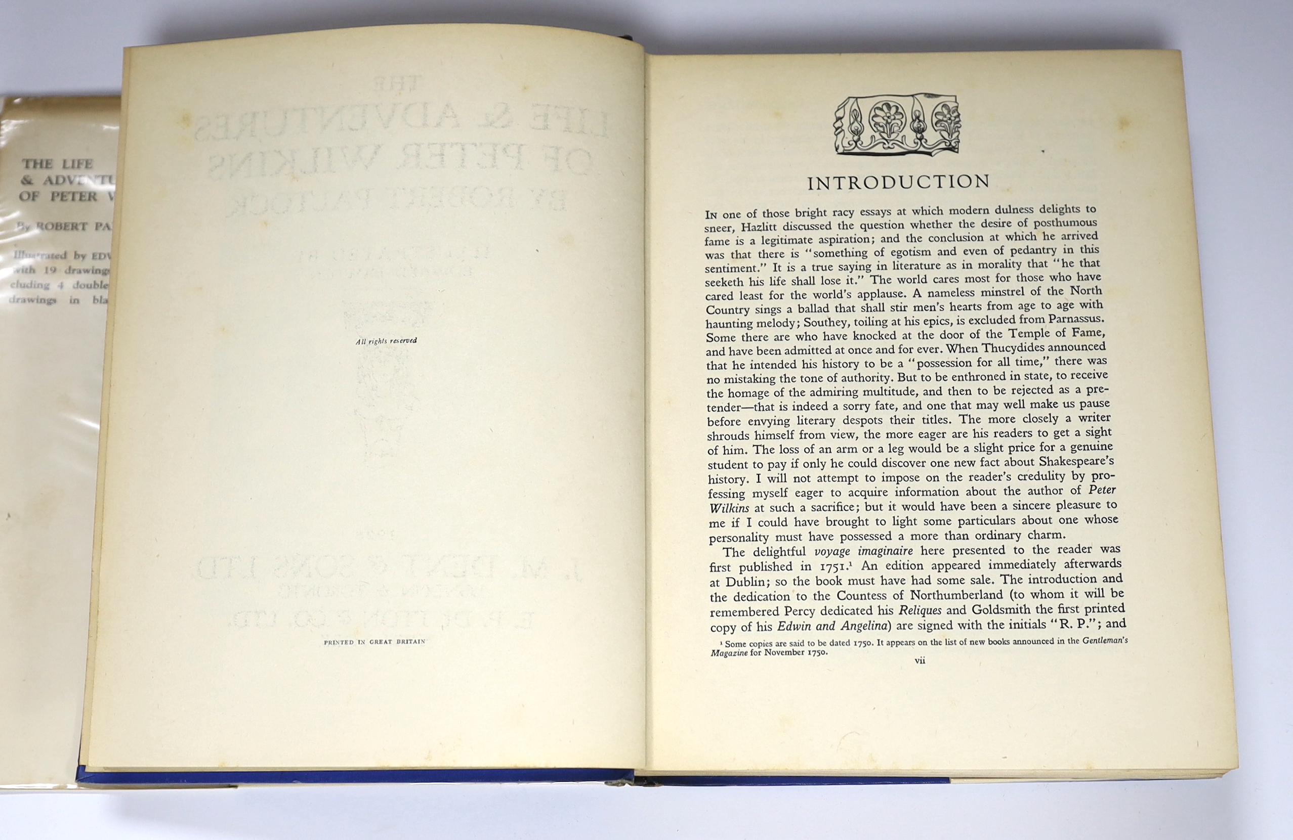 Bawden, Edward first book as illustrator - Paltock, Peter - The Life and Adventures of Peter Wilkins, 4to, blue cloth gilt in a torn d/j, with loss, with 19 coloured stencil illustrations, 5 being full page, 4 double-pag